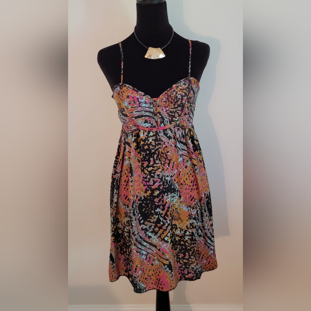 Bar 111 women's spaghetti strap colorful mini sundress fitted top,flare skirt S